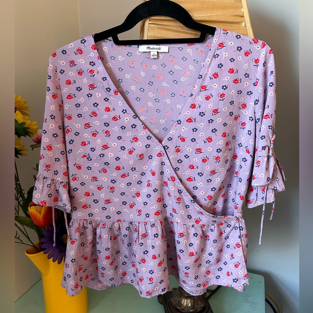 Floral Wrap Style Ruffled Top. Feminine, Romantic,